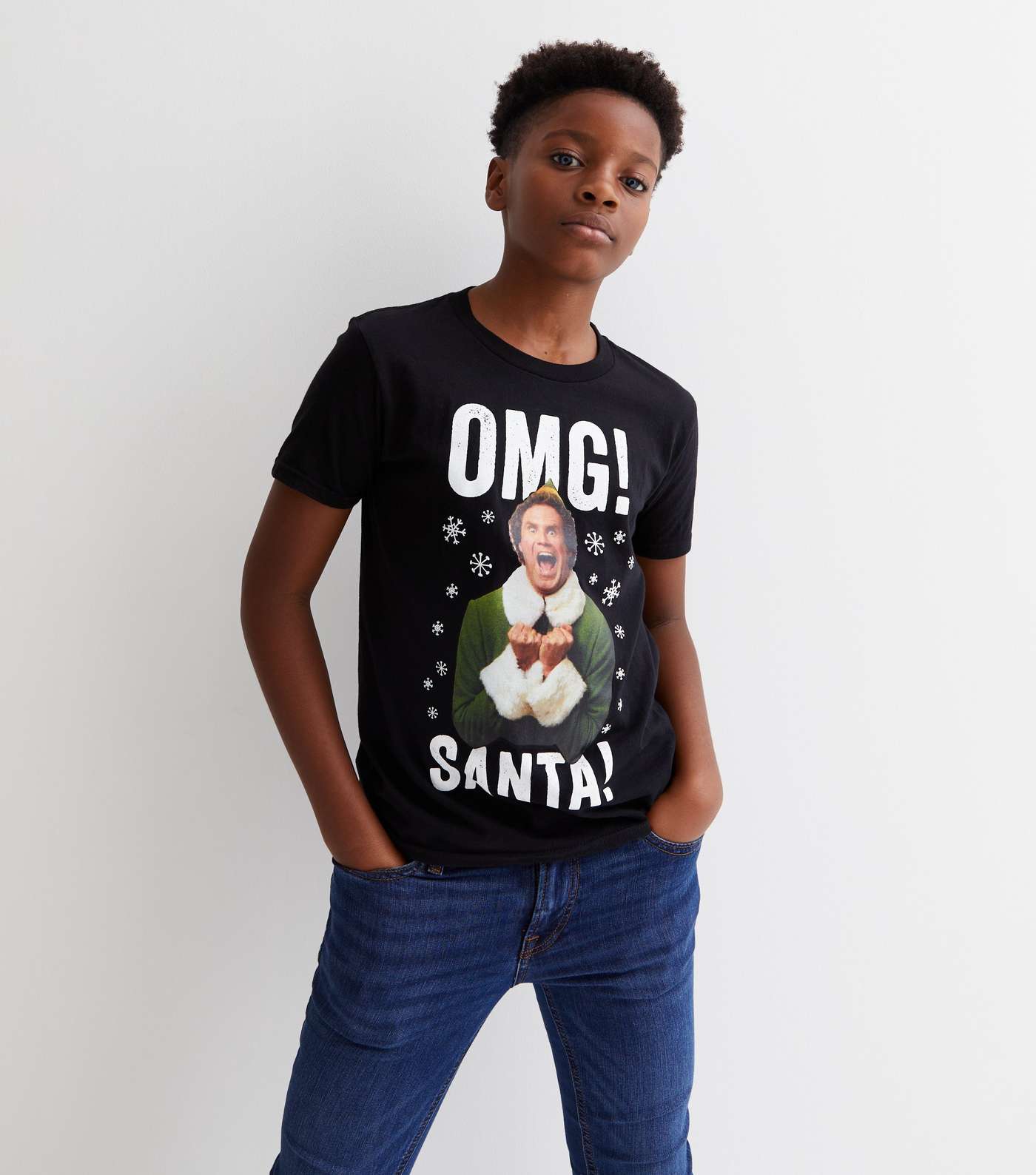 Boys Black OMG Santa Elf Logo Christmas T-Shirt Image 3