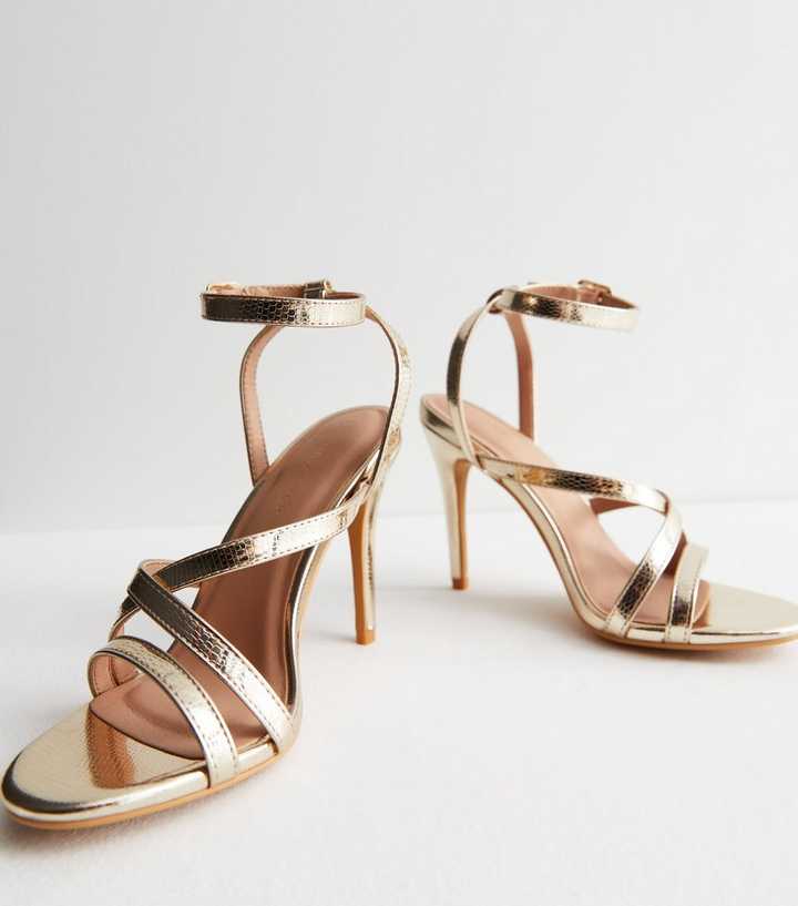 Gold Faux Snake Strappy Stiletto Heel Sandals | New Look