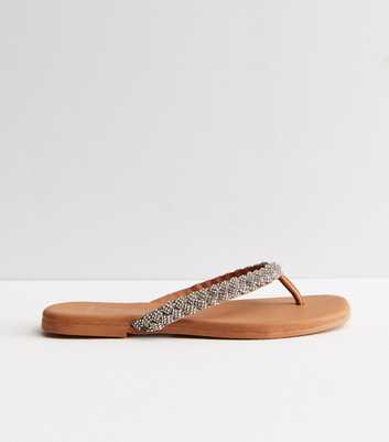 Wide Fit Silver Leather Diamanté Toe Post Sandals