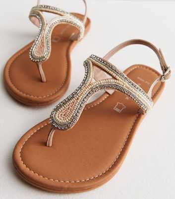 Wide Fit Cream Leather Diamanté Beaded Sandals