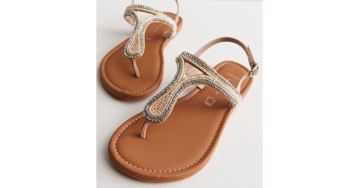 Wide Fit Cream Leather Diamanté Beaded Sandals New Look