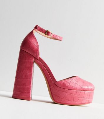 Bright Pink Faux Croc 2 Part Platform Block Heel Sandals New Look