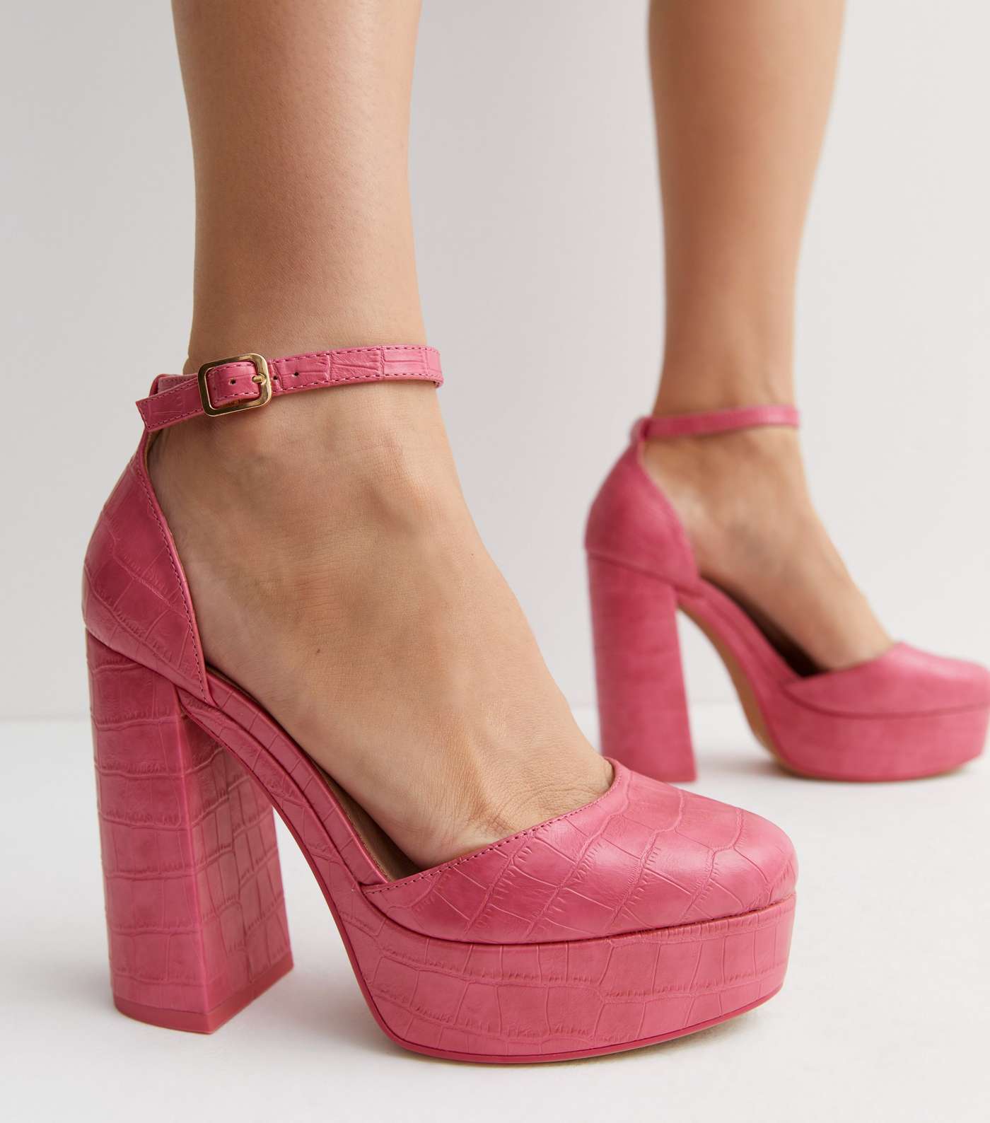 Bright Pink Faux Croc 2 Part Platform Block Heel Sandals Image 2