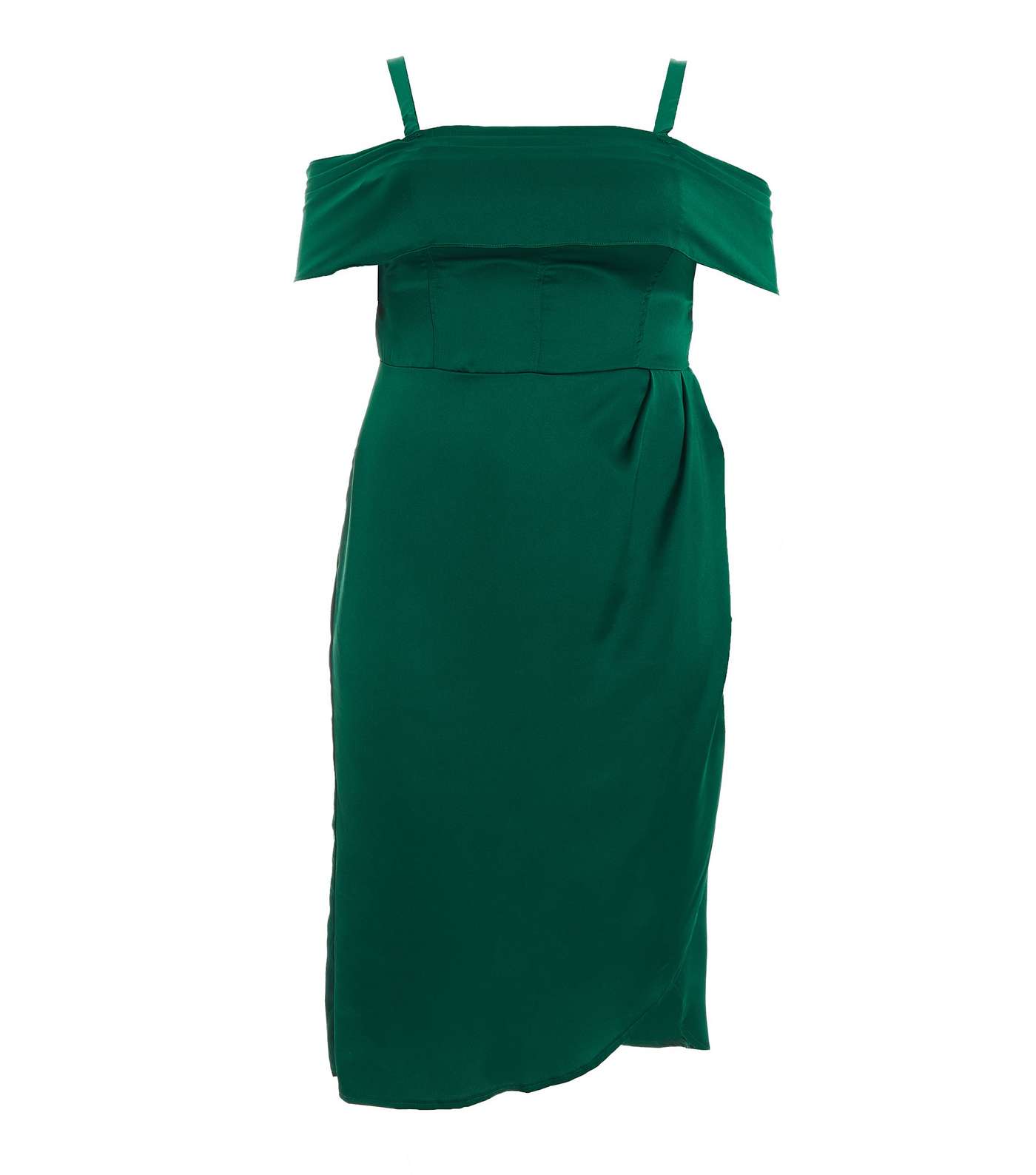 QUIZ Curves Dark Green Satin Strappy Cold Shoulder Midi Dress Image 4