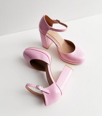 Pink Patent 2 Part Platform Block Heel Sandals