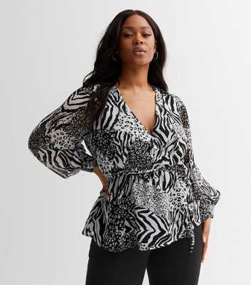Curves Light Grey Animal Print V Neck Wrap Blouse
