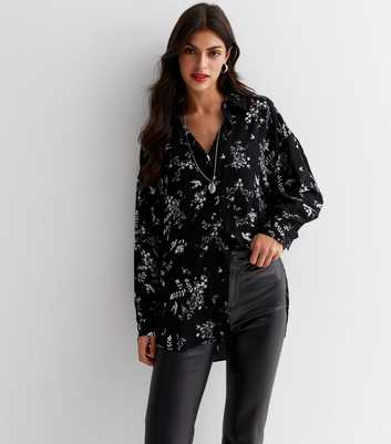 Black Floral Long Sleeve Oversized Shirt