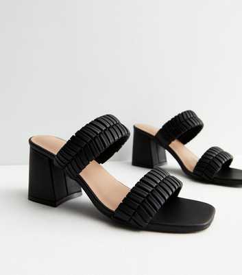 Black Plaited Double Strap Block Heel Mule Sandals