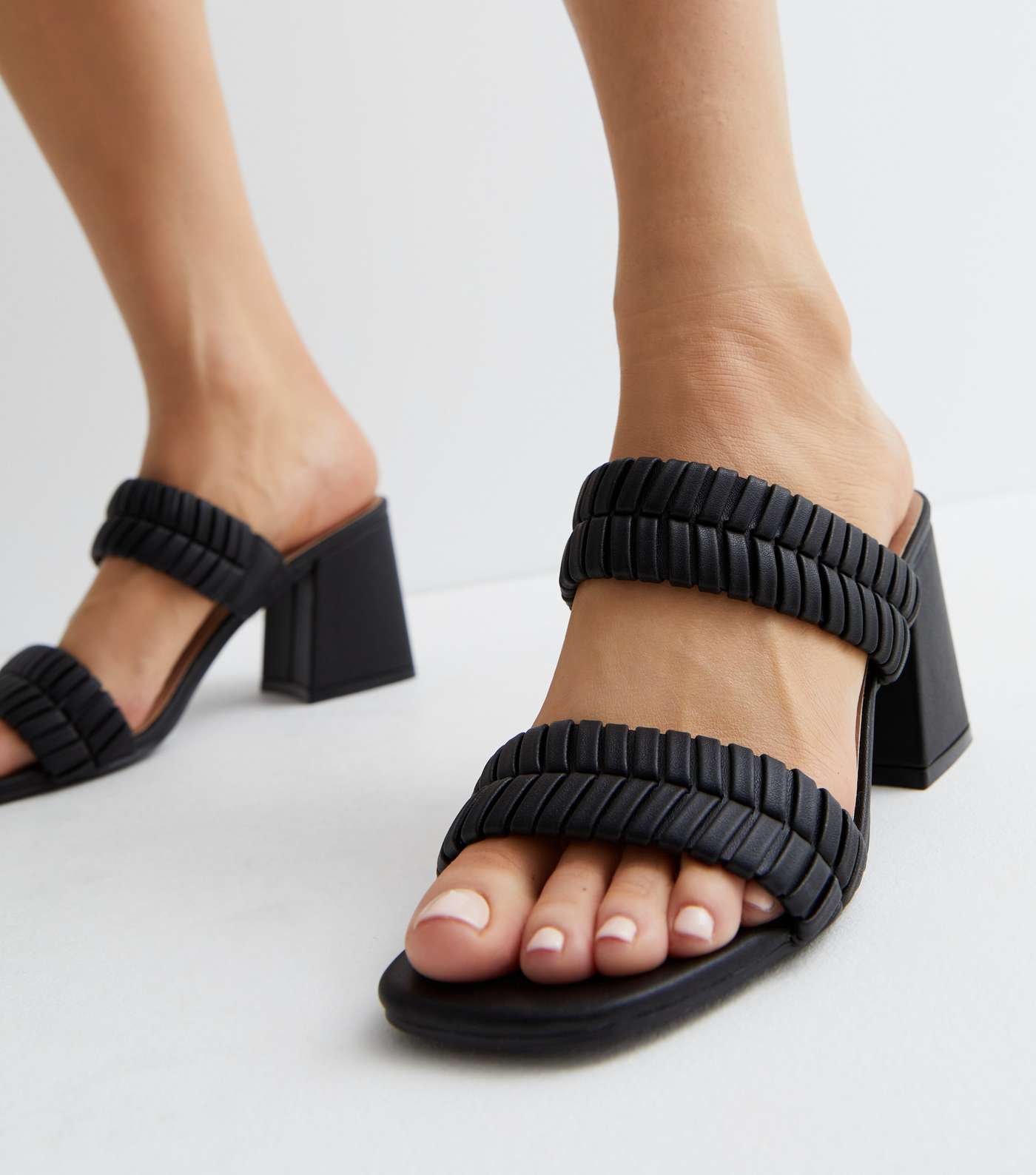 Black Plaited Double Strap Block Heel Mule Sandals Image 2