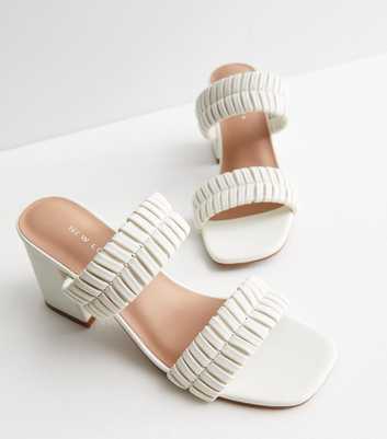 White Plaited Double Strap Block Heel Mule Sandals