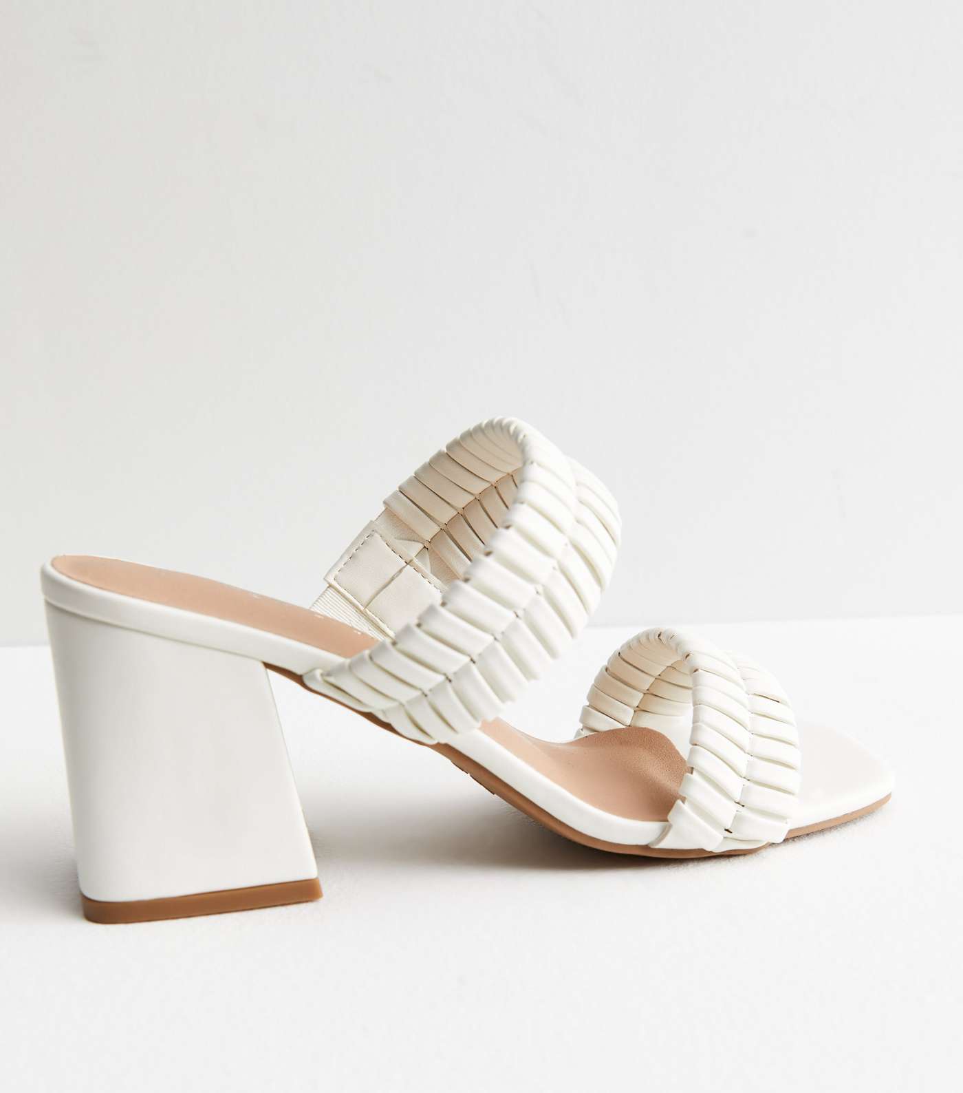 White Plaited Double Strap Block Heel Mule Sandals Image 3