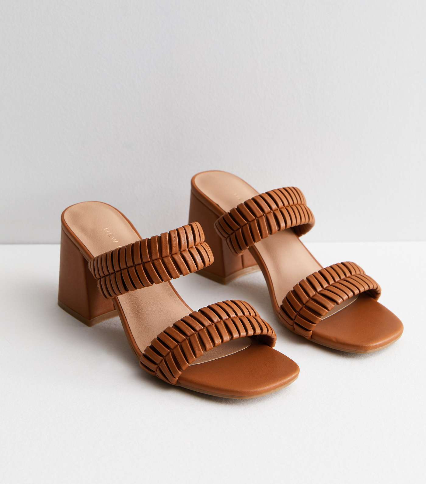 Tan Plaited Double Strap Block Heel Mule Sandals Image 3