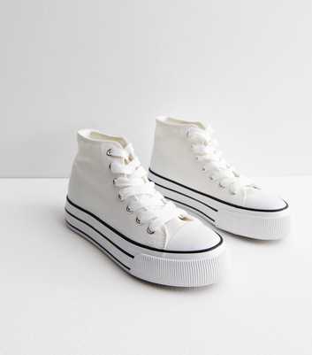 White Double Stripe Canvas High Top Trainers