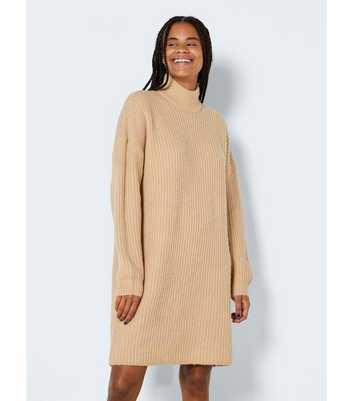 Noisy May Cream Knit High Neck Long Sleeve Mini Tunic Dress