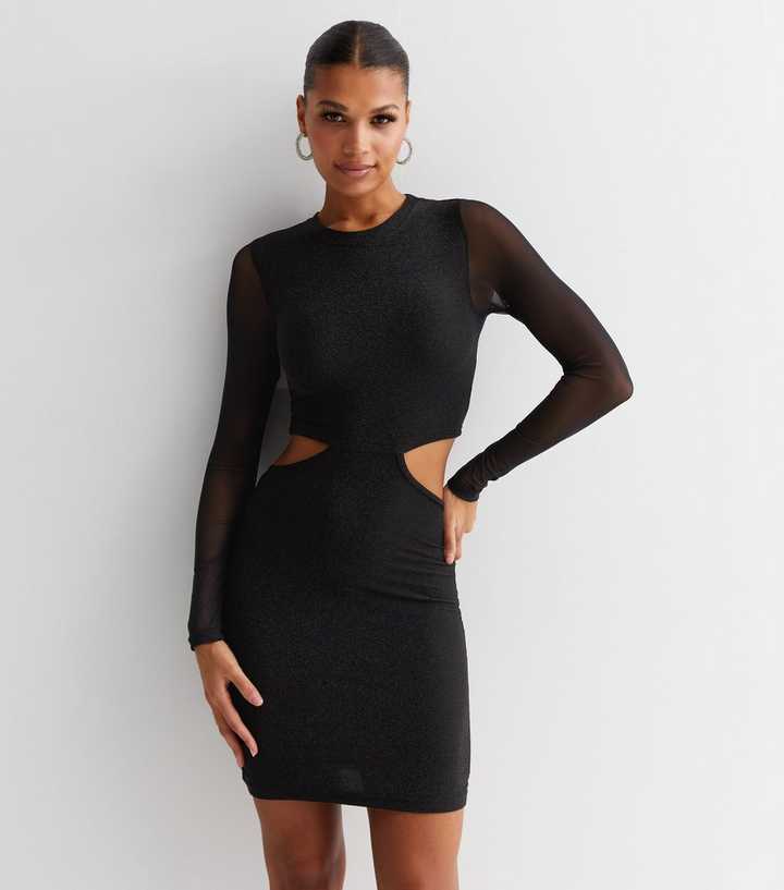 Noisy May Black Mesh Long Sleeve Cut Out Mini Dress | New Look