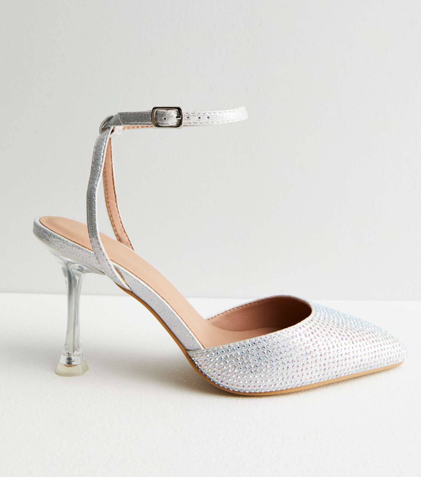 Silver Diamanté Flared Heel Court Shoes Image 3