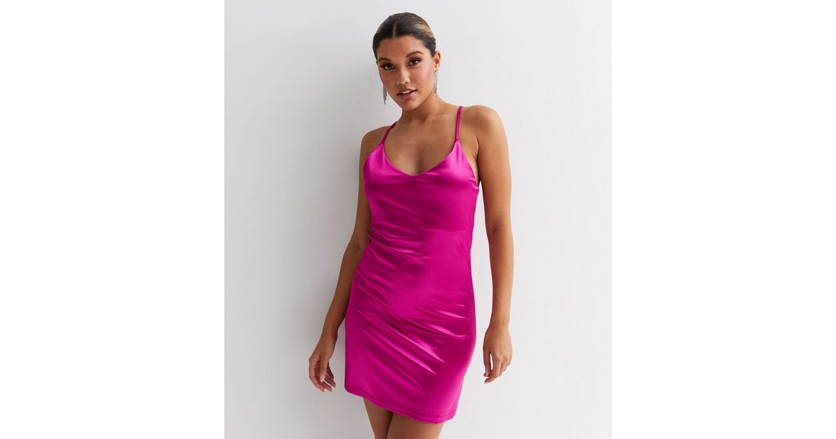 Noisy May Deep Pink Satin Strappy Mini Slip Dress