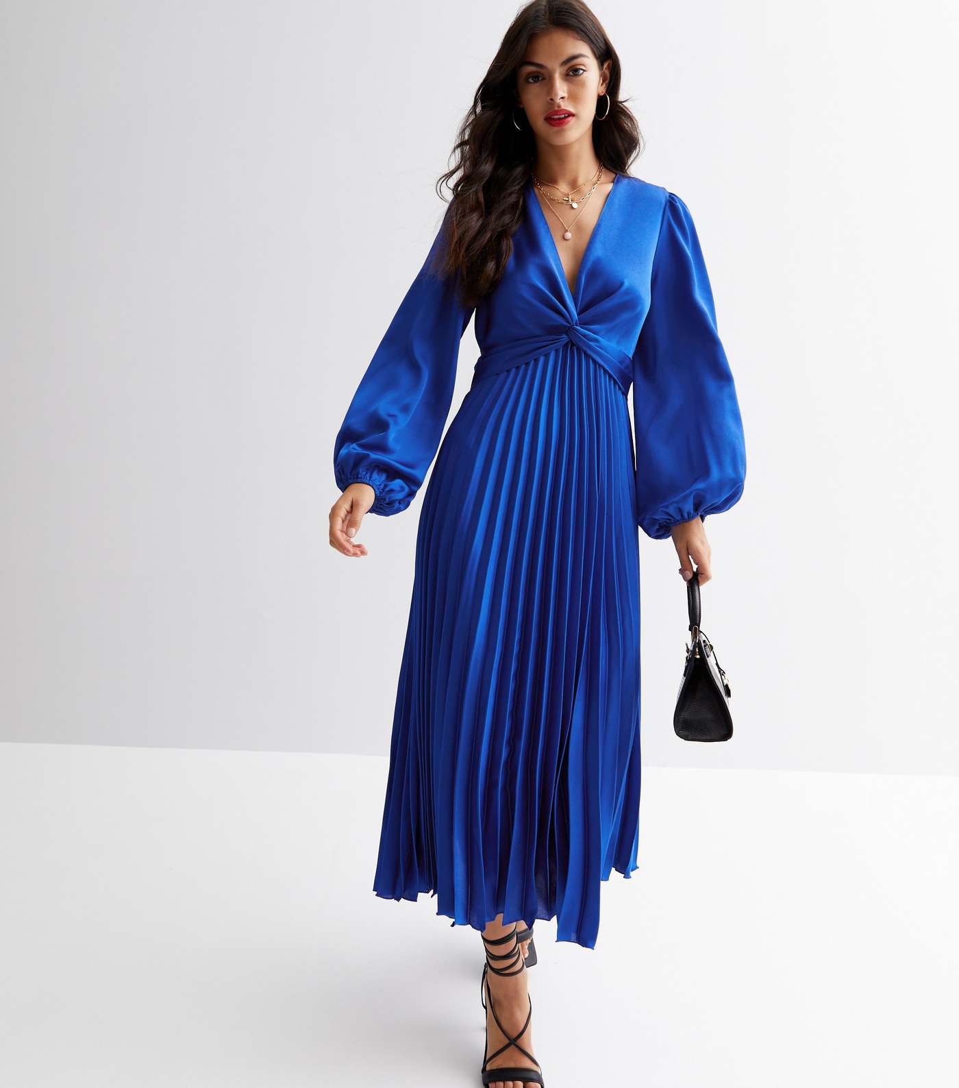 Blue Satin Twist Front Pleated Skirt Midi Dress