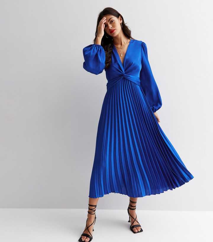 Blue Satin Twist Front Pleated Skirt Midi Dress