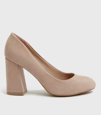 Wide Fit Pale Pink Suedette Block Heel Court Shoes