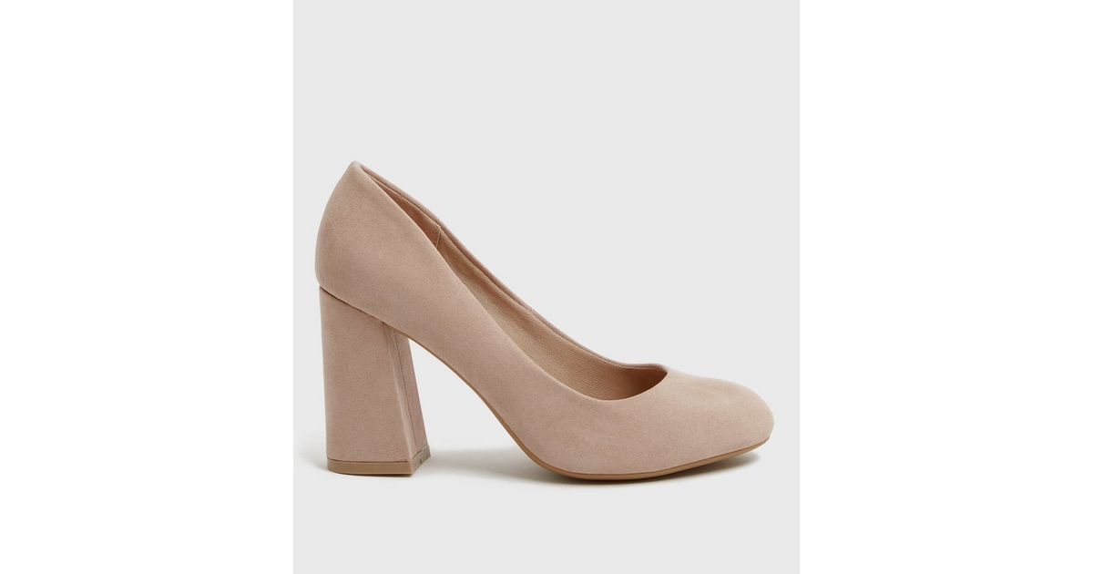 Wide Fit Pale Pink Suedette Block Heel Court Shoes | New Look