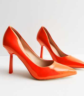 Orange Patent Faux Leather Pointed Toe Heels