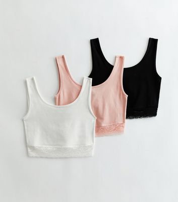 Girls 3 Pack Off White Pink and Black Lace Trim Bralettes New Look
