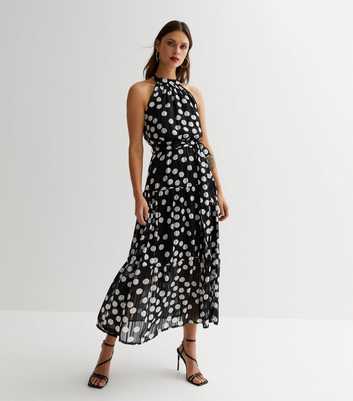 Black Spot Chiffon Halter Midi Dress