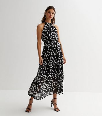 Black Spot Chiffon Halter Midi Dress New Look