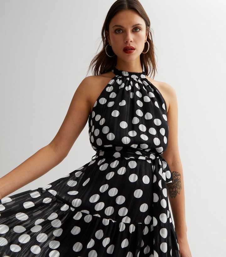 Black Spot Chiffon Halter Midi Dress