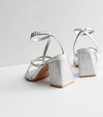 Little Mistress Silver Diamanté Strappy Mid Block Heel Sandals New Look