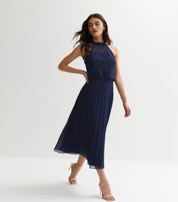 Navy Lace Pleated Halter Midi Dress New Look