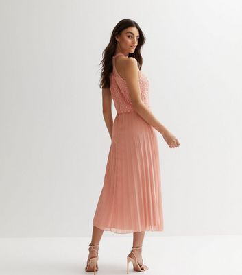 Pale Pink Lace Pleated Halter Midi Dress New Look