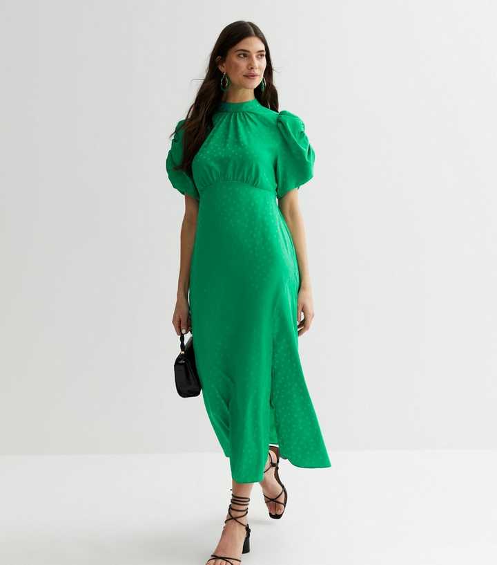 Green Jacquard Satin Puff Sleeve Midi Dress | New Look