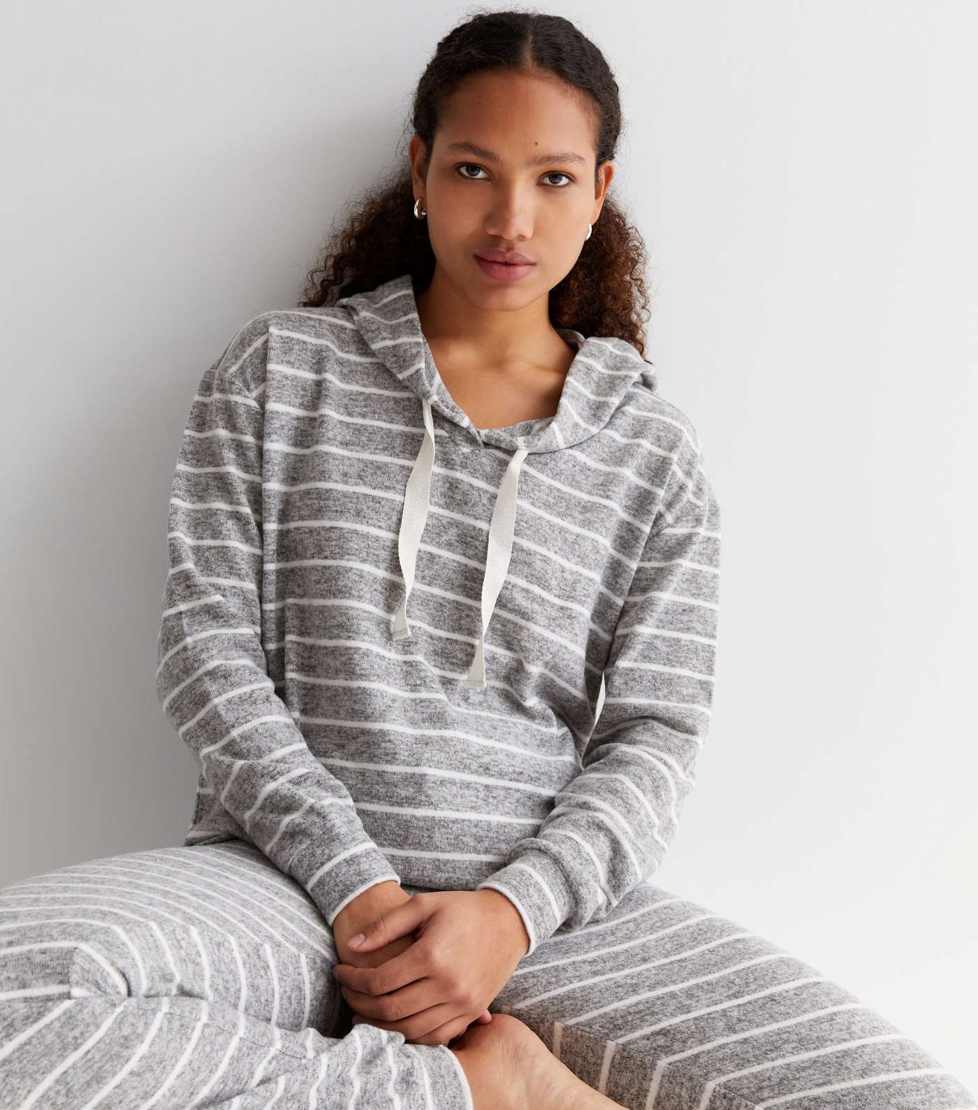 Light Grey Stripe Brushed Pyjama Hoodie Image 2