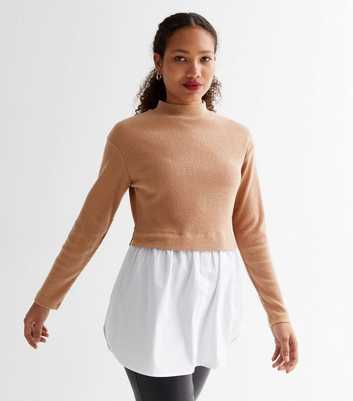Brown Ribbed Fine Knit 2-in-1 High Neck Jumper