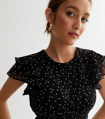 Black Spot Chiffon Frill Sleeve Tiered Midi Dress New Look