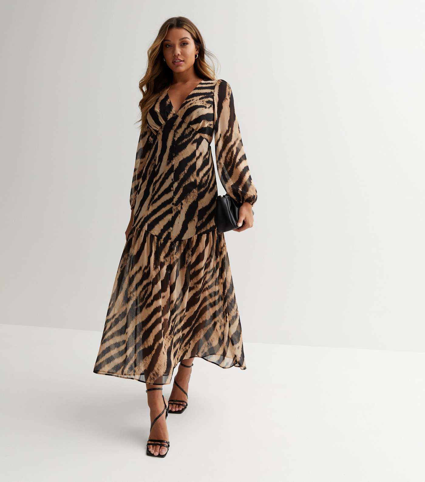 Brown Tiger Print Chiffon Puff Sleeve Maxi Dress