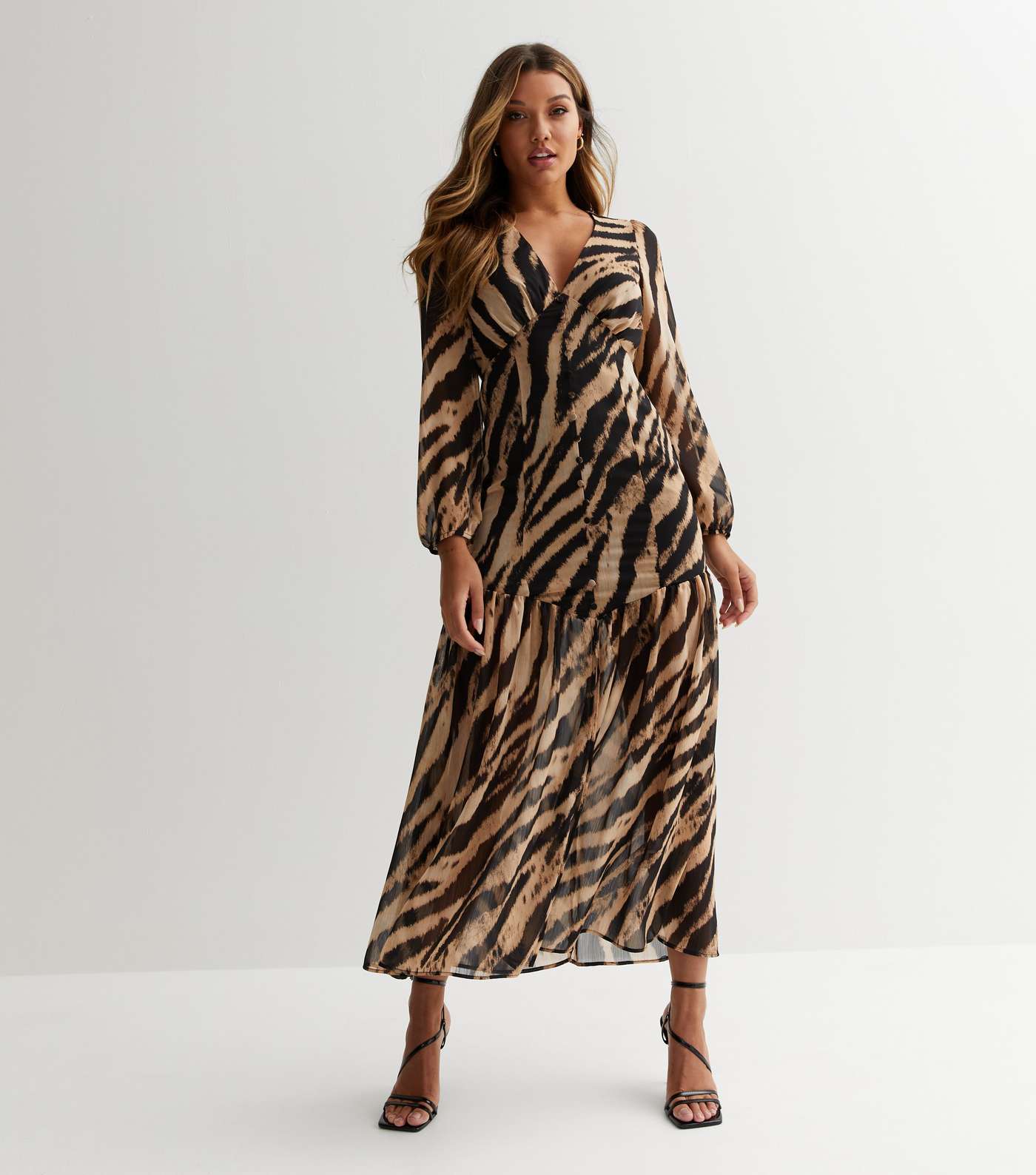 Brown Tiger Print Chiffon Puff Sleeve Maxi Dress Image 3