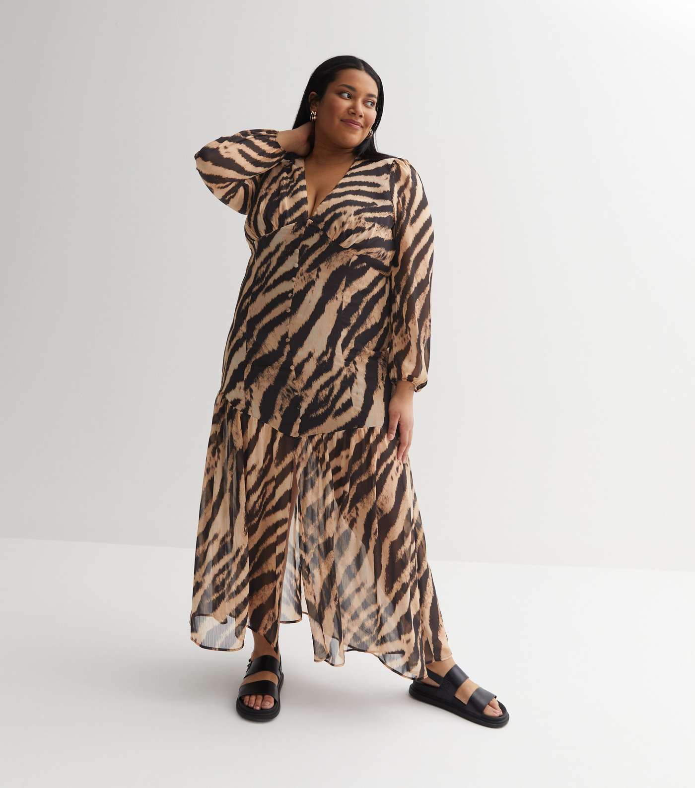 Brown Tiger Print Chiffon Puff Sleeve Maxi Dress Image 5