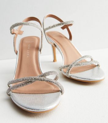 Wide Fit Silver Diamanté 2 Part Cross Strap Stiletto Heel Sandals