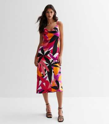 Pink Tropical Satin Cowl Neck Strappy Midi Dress