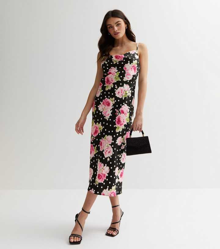 Black Floral Spot Satin Cowl Neck Midi Dress | New Look