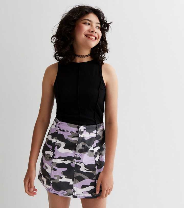 Girls Purple Camo Denim Cargo Skirt