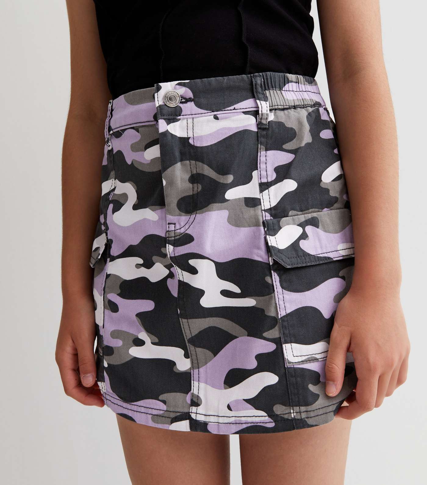 Girls Purple Camo Denim Cargo Skirt Image 2