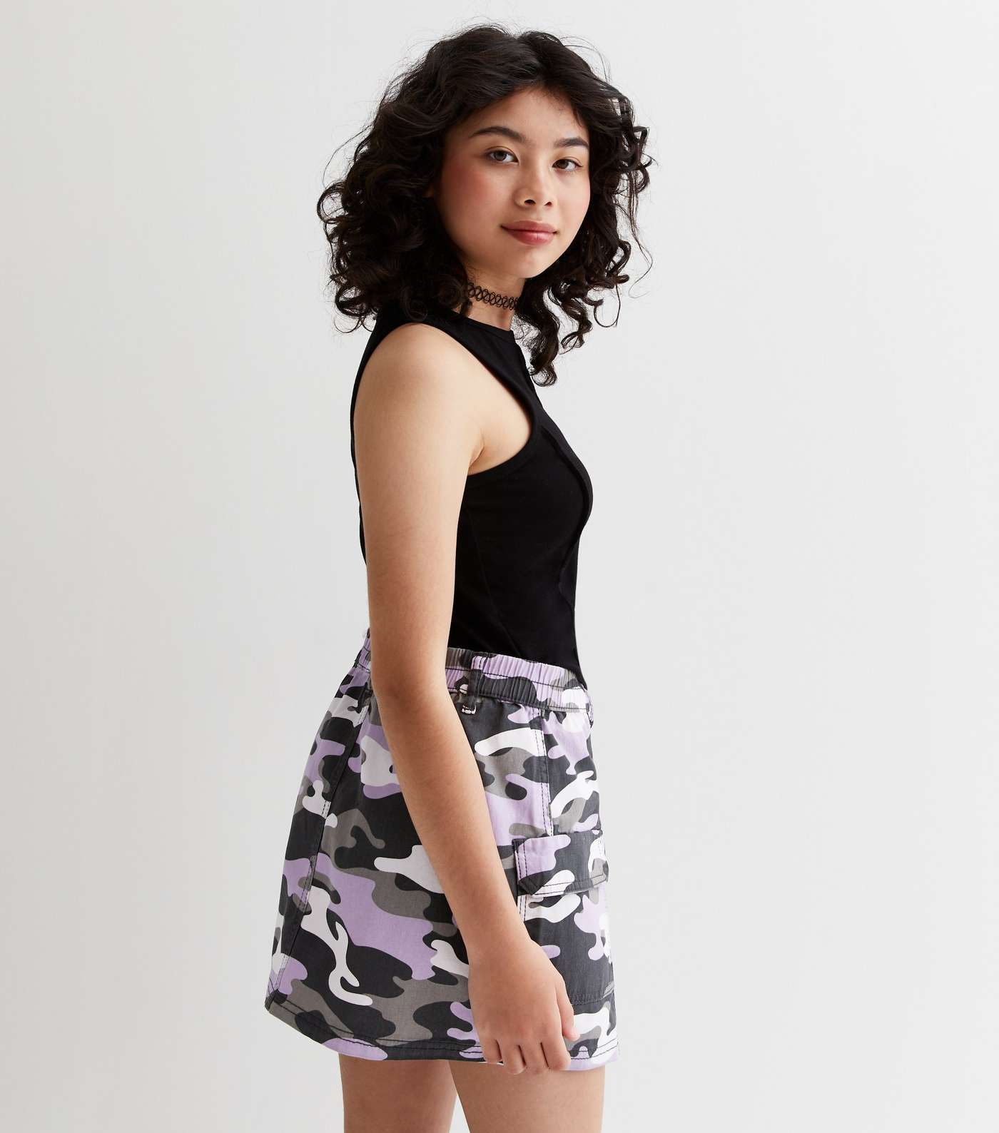 Girls Purple Camo Denim Cargo Skirt Image 4
