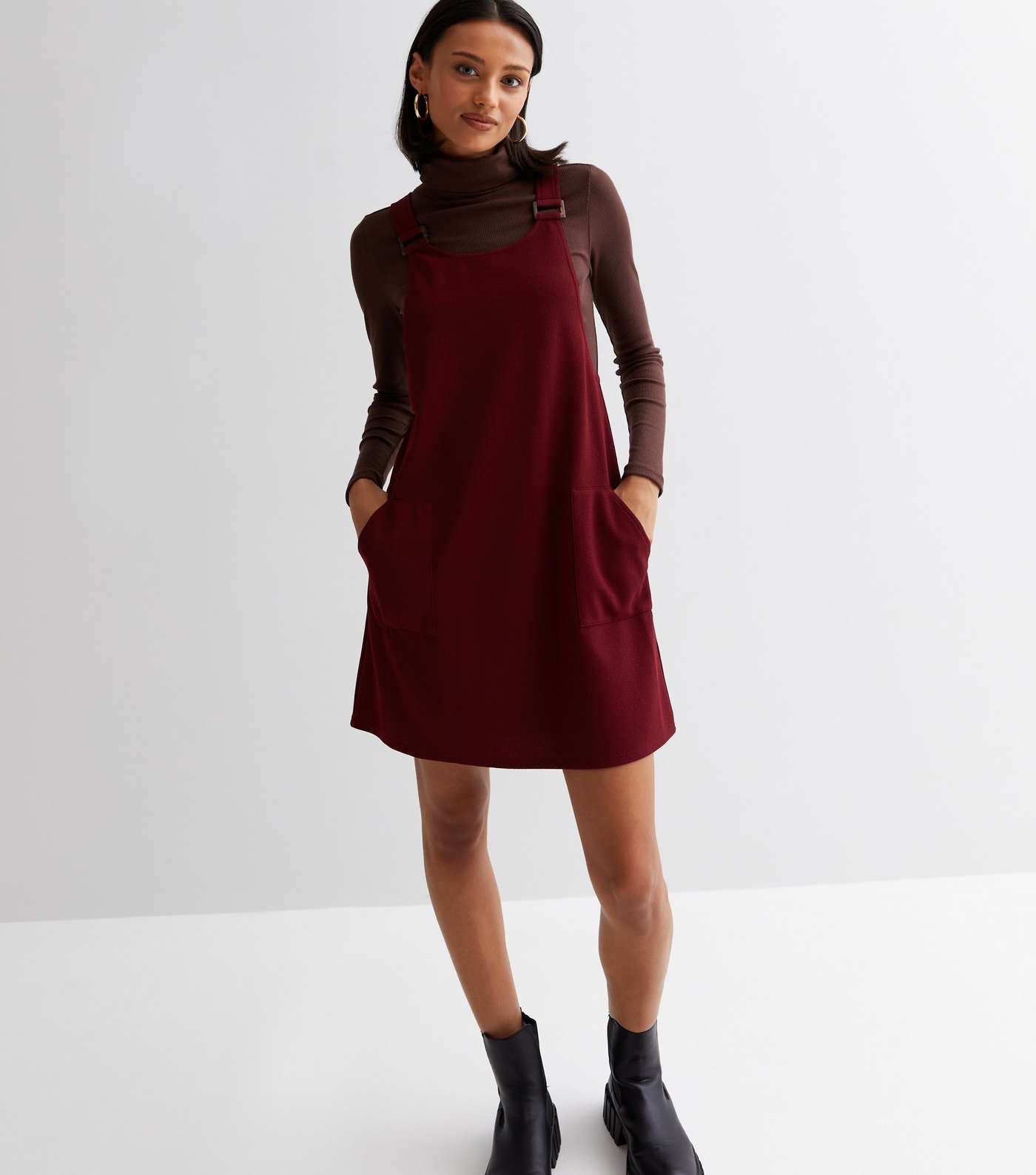 Burgundy Pocket Front Pinafore Dress