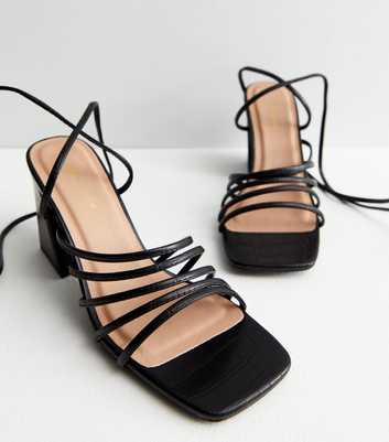 Black Faux Croc Strappy Ankle Tie Block Heel Sandals