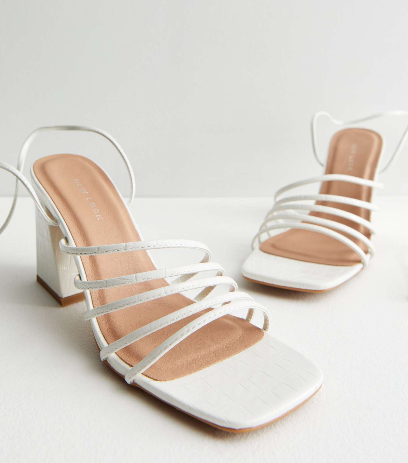 White Faux Croc Strappy Ankle Tie Block Heel Sandals Image 3