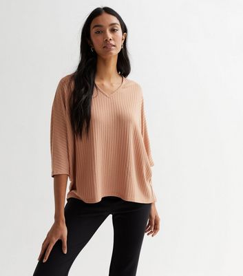 Camel Ribbed Fine Knit V Neck Batwing Top New Look